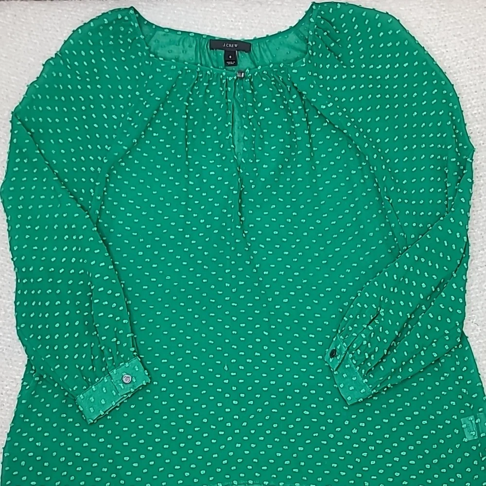 J Crew Flowy Sheer Silk Chiffon Long Sleeve Dot Blouse in Green - Picture 9 of 17